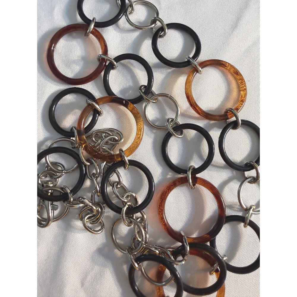 Y2K Black Tortoiseshell Circle Link Chain Belt Silver Tone 40"